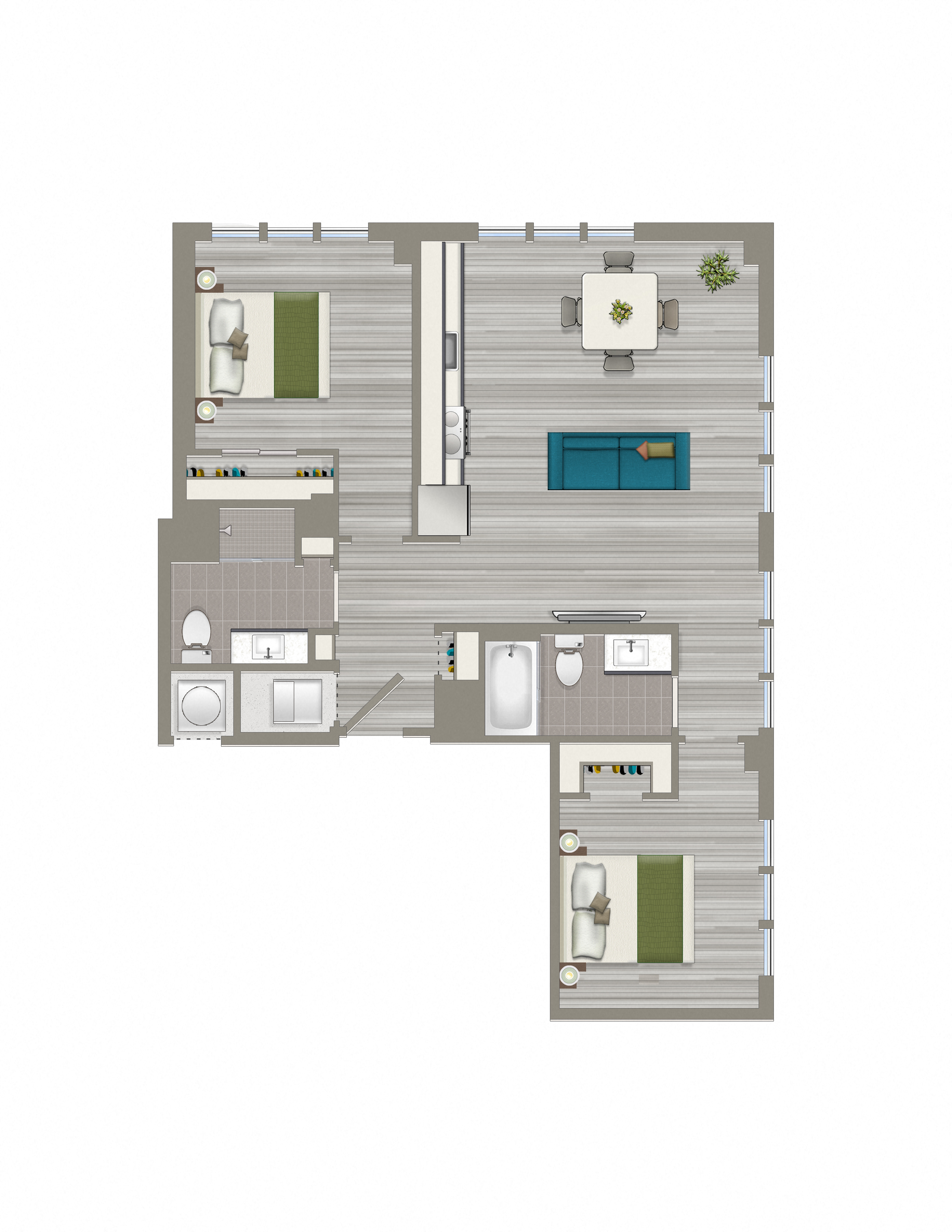 Floor plan for 2 beds, 2 baths, 991 sqft